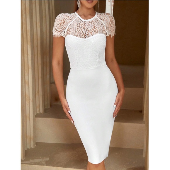 Bandage Lace Detail Bodycon Midi Dress in White - Picture 7 of 17